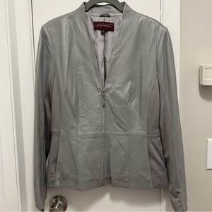 Hal Rubenstein 100% Genuine Soft Lamb Leather Gray V-Neck front zip jacket M